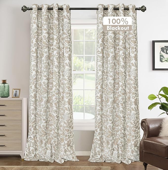 DriftAway Julia Watercolor Blackout Room Darkening Lined Thermal Insulated Energy Saving Window Curtains 2 Layers 2 Panels Each Size 52 Inch by 90 Inch Camel Beige