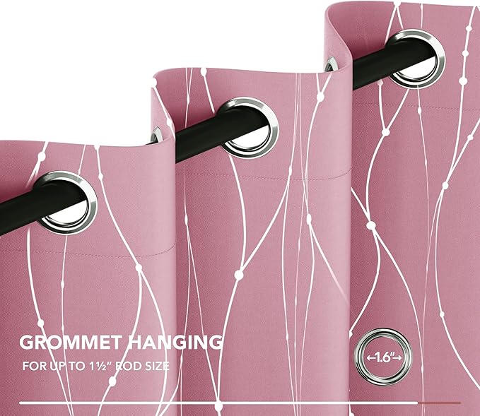 Deconovo Short Blackout Curtain, Pink Curtain, Thermal Insulated Soundproof Grommet Drapes, Wave Line Dot Foil Print, 38 x 45 Inch, 2 Panels, Machine‑Washable Window Panel for Small Windows Kitchne