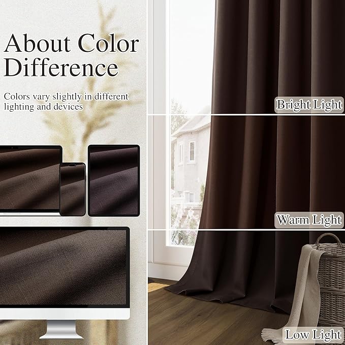 Guken Brown 100% Blackout Curtains 72 Inch Length 2 Panels Set for Living Room Bedroom Back Tab Thermal Insulated Black Out Linen Drapes Room Darkening Window Curtains 52 Inches Width