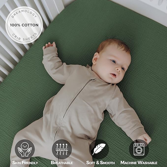 Dreamology Muslin Crib Sheets, 2 Pack, 100% Cotton Crib Sheet Fitted, for Girls, Boys, Green Crib Sheets for Standard Crib, 52x28 Crib Mattress Sheets, Standard Crib Sheets | Green and Light Green