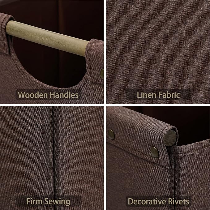 HOONEX Collapsible Storage Bins, 12x12x12in Storage Cubes Linen Fabric, Pack of 3, Storage Baskets with Wooden Carry Handles and Sturdy Heavy Cardboard, for Home, Office, Car, Nursery, Brown