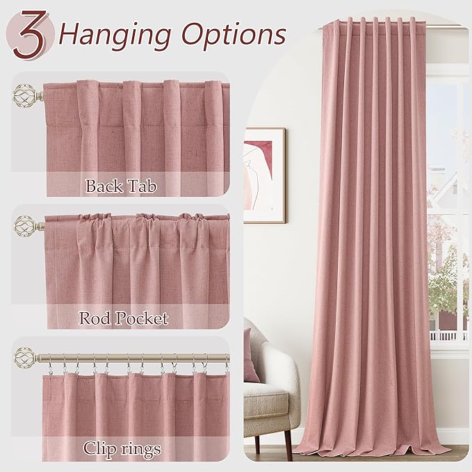 Guken 100% Blackout Curtains 108 Inch Length 2 Panels Set for Living Room Bedroom Back Tab Thermal Insulated Black Out Linen Drapes Room Darkening Window Curtains 108 Inches Long, Ash Rose