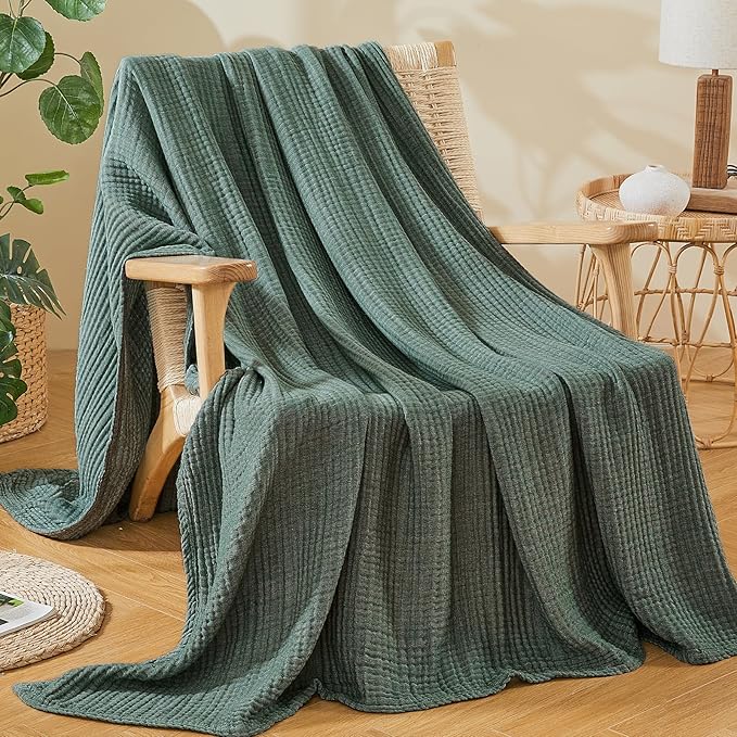 EMME Cotton Muslin King Blanket Breathable Gauze Soft Lightweight Blankets Adults Gifts for Women (Heather Forest Green, 108"x90")
