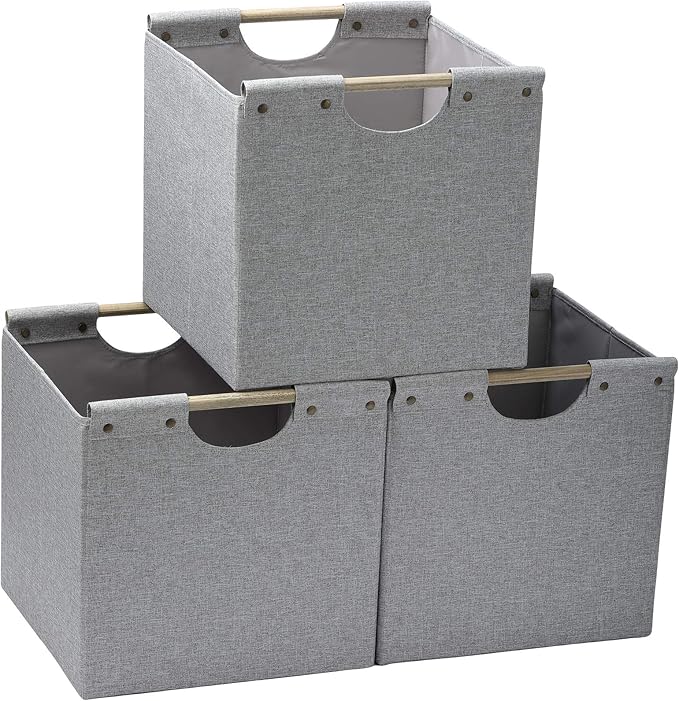 HOONEX Collapsible Storage Bins, 13x13x13in Storage Cubes Linen Fabric, 3 Pack, Storage Baskets with Wooden Carry Handles and Sturdy Heavy Cardboard, for Home, Office, Car, Nursery, Light Grey