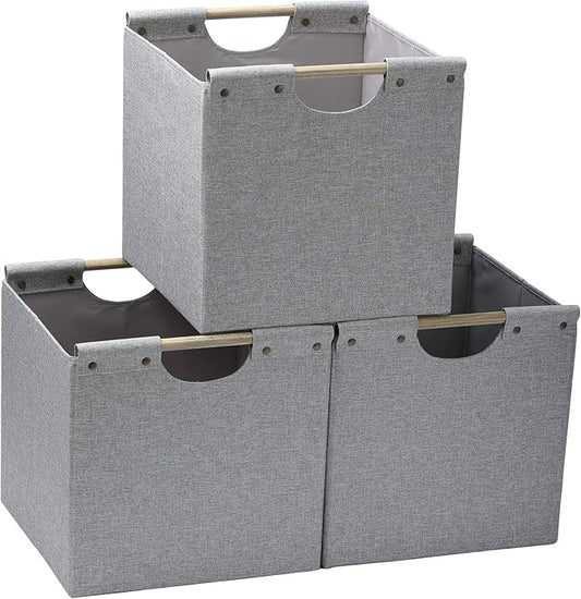 HOONEX Collapsible Storage Bins, 13x13x13in Storage Cubes Linen Fabric, 3 Pack, Storage Baskets with Wooden Carry Handles and Sturdy Heavy Cardboard, for Home, Office, Car, Nursery, Light Grey