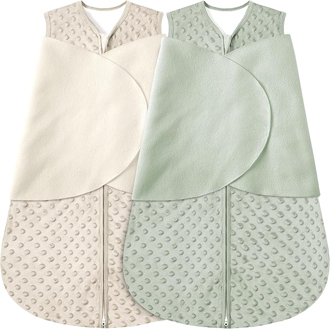 BSTOPPT Newborn Sleep Sack Baby Swaddle,0-12 Months,3-Way Adjustable Wearable Blanket,Swaddling Sleeping Bag (Beige & Grass green, 6-12 Months)