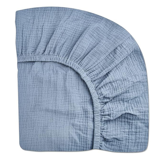 Pack and Play Sheets for Baby Boys and Girls 39"x27"x3", Neutral Muslin Cotton Pack N Play Mattresses Sheet with Boho Style, Soft and Breathable Comfort (Costume Blue)