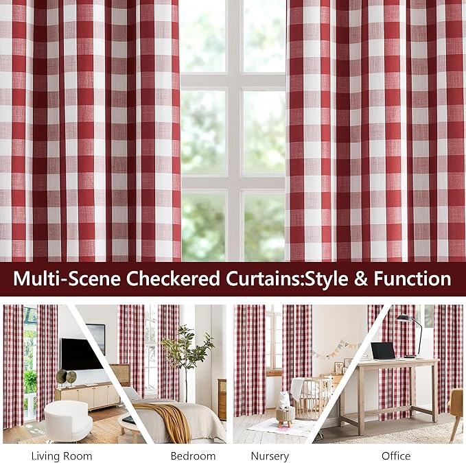 Amzdecor Red White Buffalo Plaid Full Blackout Curtains 63 Inch Long for Bedroom Living Room Farmhouse Check Patterned Drapes Thermal Insulated Soundproof Grommet Window Treatment, 2 Panels, 40"x63"