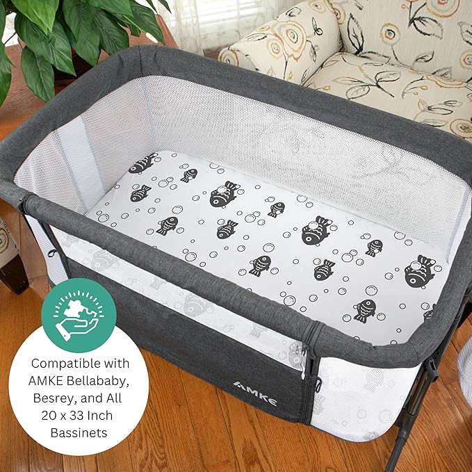 Bassinet Sheets for Airclub, AMKE, LovliTod Baby, Bonbay, Bellababy Bedside Bassinet Sleeper by TansyPanda, 3 Pack, 20x33 Inch, Ultra Soft, Breathable, Snug Fit, Unisex Boys, Girls, Gray (Ocean Fish)