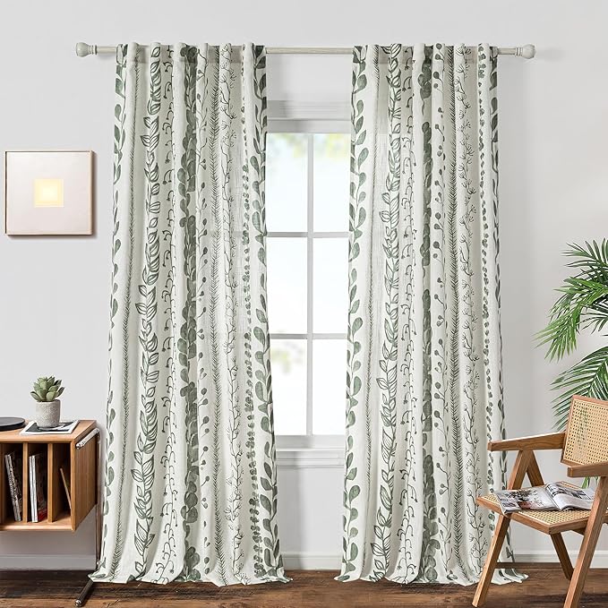 MEETSKY Sage Green Curtains 72 Inches Long 2 Panels Boho Curtains for Living Room Light Filtering Patterned Drapes for Bedroom Linen Style Back Tab Leaf Print Window Treatment, 50” Wide Each Panel