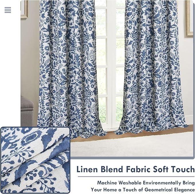 DriftAway Julia Watercolor Blackout Room Darkening Lined Thermal Insulated Energy Saving Window Curtains 2 Layers 2 Panels Each Size 52 Inch by 108 Inch Linen Navy