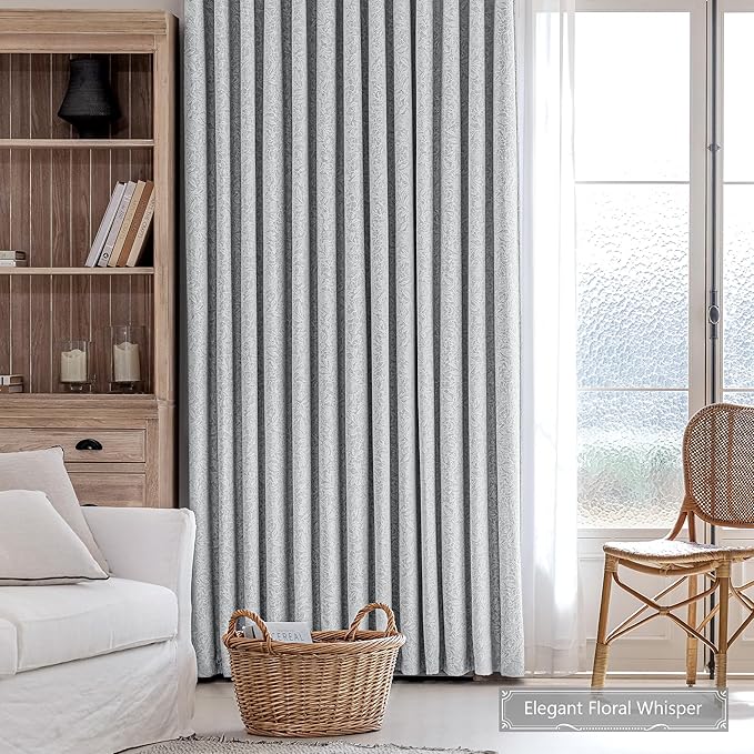 Metro Parlor Grey Floral Blackout Curtains 96 Inches Long for Bedroom, Jacquard Chenille French Vintage Flower Curtains for Living Room Darkening Thermal Insulated Gray Grommet Window Drapes,2 Panels