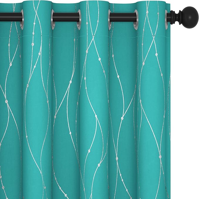 Deconovo Blackout Curtains, Thermal Insulated Soundproof Grommet Drapes, Wave Dots Silver Print, 52 x 45 Inch, Set of 2, Machine Washable Panels for Kitchen Bedroom Living Room Nursery, Turquoise