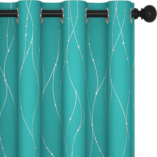 Deconovo Blackout Curtains, Thermal Insulated Soundproof Grommet Drapes, Wave Dots Silver Print, 52 x 45 Inch, Set of 2, Machine Washable Panels for Kitchen Bedroom Living Room Nursery, Turquoise