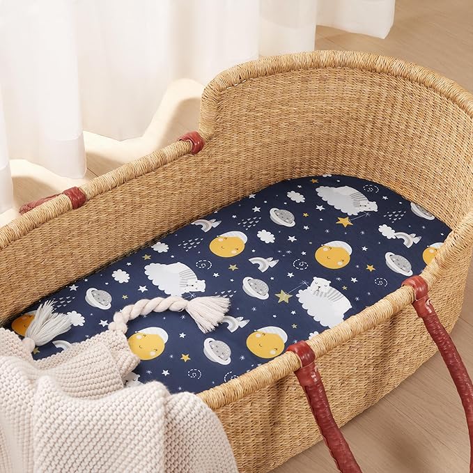 TILLYOU Baby Bassinet Sheets for Girls Boys 2 Pack Baby Sheets for Square Rectangle Oval Bassinet Mattress 33X16 Inch, Adventure and Dark Blue