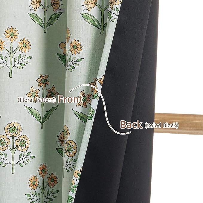 RYB HOME 100% Blackout Curtains 84 Inches Long for Bedroom Living Room, Green Floral Farmhouse Room Darkening Soundproof Patterned Window Treatment Drapes for Dining Room, W52 x L84, 2 Panels