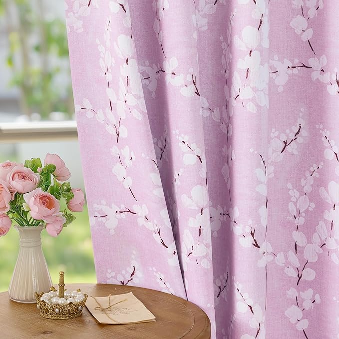 FMFUNCTEX 100% Blackout Floral Curtains for Bedroom, Pink Curtains 63 inch Length Blossom Flower Patterned for Living Room, Thermal Insulated Nursery Drapes, Grommet Top 2 Panels (White on Pink)
