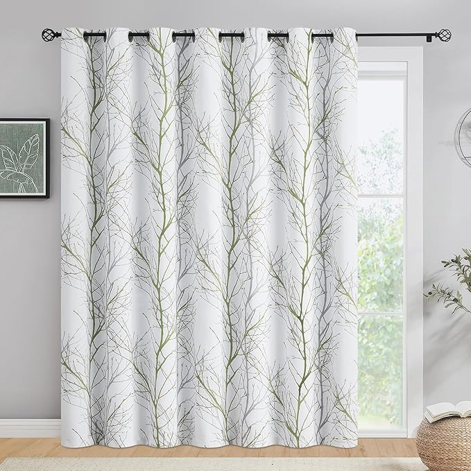 FMFUNCTEX 100% Blackout Patio Sliding Glass Door Curtains 96 Inch Long for Bedroom, Green Grey on White Tree Branch Patterned Drapes for Living Room Divider, Extra Wide Thermal Insulated Panels