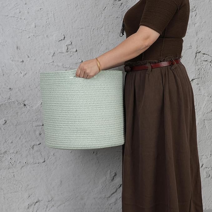 Cotton Rope Baskets For Girls Boys Kids 16”X14” Baby Laundry Basket Nursery Bin Round Woven Basket Organizer For Storage Toys Blankets Shoes Clothes light green