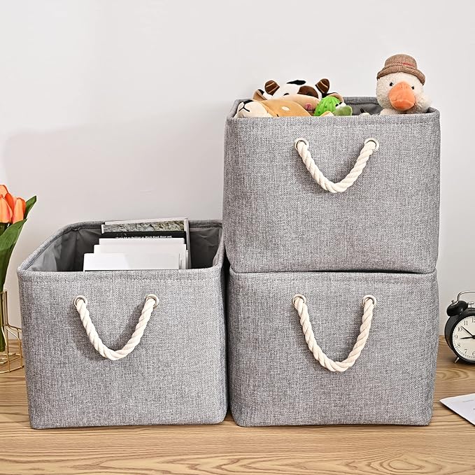 HOdo Home 3PCS Storage Bins, Fabric Bin with Drawstring Closure and 2 Bold Handles, Collapsible Large Canvas Baskets for Organizing Shelf Nursery Home Closet (15.8×11.8×9.5 In, Grey)