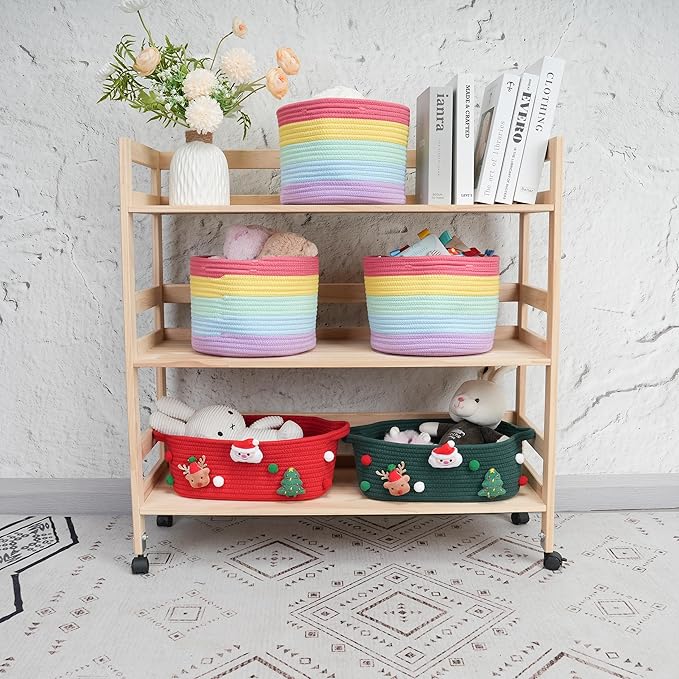 Woven Cotton Rope Storage Baskets - 3-Pack Round Bins for (10x10x7'') Shelves, Closets & Bookcases | Durable Rope Organizers for Nursery, Baby, Gifts, Easter & More (rainbow)