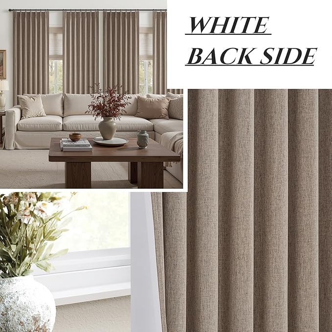 Dark Flax Linen Pinch Pleated Curtains 102 Inches Long Heavy Duty Thermal Insulated Extra length Burg for Dining Room Cottage Total Blackout 48/60/72 Wide Window Treatments Drapes with Hook 2 Panels