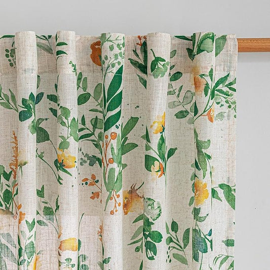 MYSKY HOME Linen Floral Curtains 63 inches Long 2 Panels Set for Bedroom, Sage Green Curtains Light Filtering Privacy Protect Farmhouse Style Decorative Drapes Back Tab for Home, 50" Wide Each Panel