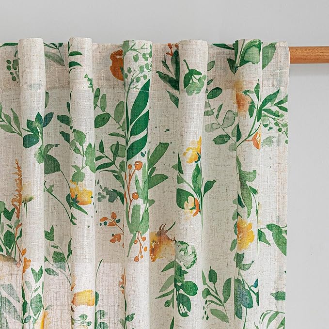 MYSKY HOME Linen Floral Long Curtains 95 Inch Length 2 Panels Set, Sage Green Curtains Semi Sheer Flower Printed Light Filtering French Country Window Curtain for Dining Room, 50" W Each Pane