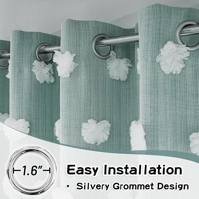 MYSKY HOME Teal Living Room Curtains Kids Curtains for Boys Bedroom 84 Inches Long Double Layer Curtains for Kids Room Darkening Grommet White Pom Pom Sheer Blackout Curtains 52 x 84 Inch 2 Panels