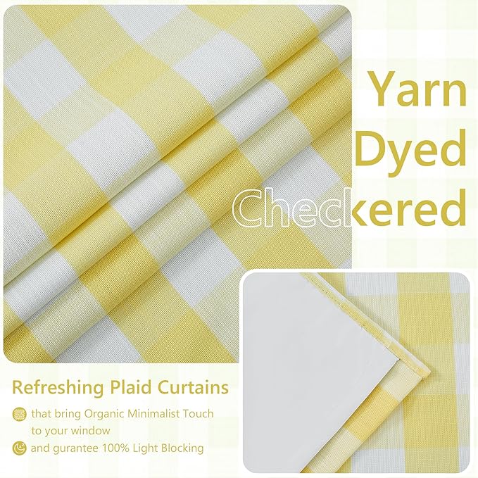 Amzdecor Buffalo Plaid Full Blackout Curtains Checkered GEO Thermal Insulated Energy Efficient Drapes Grommet 2 Layers Window Treatment for Bedroom Living Room Farmhouse, 2 Panels,40"x90",Yellow&White