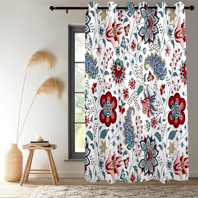 Renaiss Boho Floral Blackout Curtains, Bohemian Flower Plant Print Thermal Insulated Bedroom Window Curtains, Botanical Art Window Drapes for Living Room, 84" L x 53" W 2 Panel Set