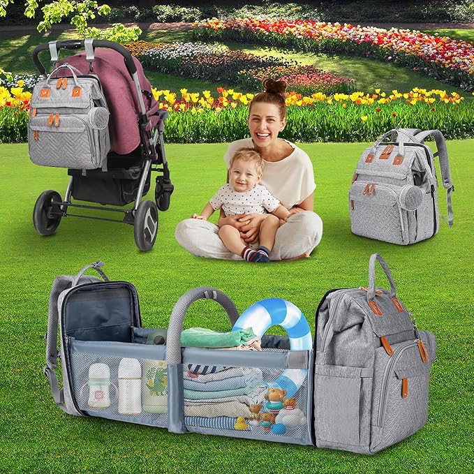 Baby Diaper Bags with Changing Station Multifunctional Waterproof Diaper Bag Backpack Travel Baby Bag with Changing Pad, Pacifier Case,Baby Essentials(Grey)
