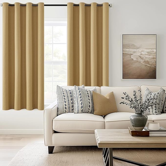 ChrisDowa 100% Blackout Mustard Yellow Solid Curtains 63 Inches Long 2 Panels for Bedroom Living Room,Farmhouse Room Darkening Thermal Insulated Soundproof Grommet Top Window Treatment Drapes,52x63