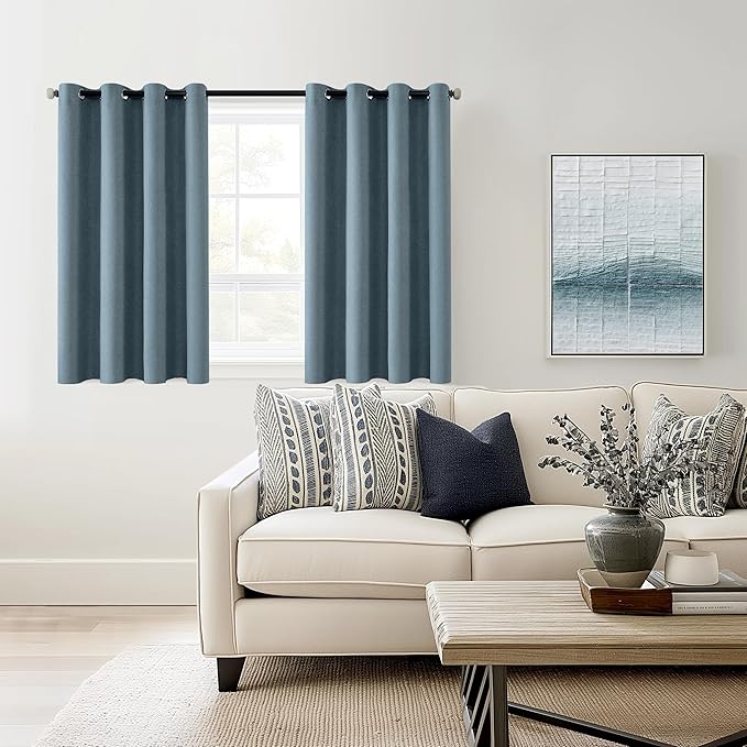 ChrisDowa 100% Blackout Blue Solid Curtains 54 Inches Long 2 Panels for Bedroom Living Room,Farmhouse Room Darkening Thermal Insulated Soundproof Grommet Top Window Treatment Drapes,52x54