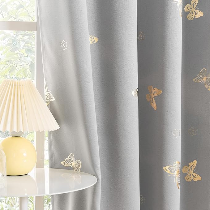 Jubilantex Grey Butterfly Blackout Curtains 2 Panels 54" Length for Baby Girls Nursery Bedroom Metallic Print 90% Room Darkening Drapes Grommet Window Treatment for Living Room,52" W