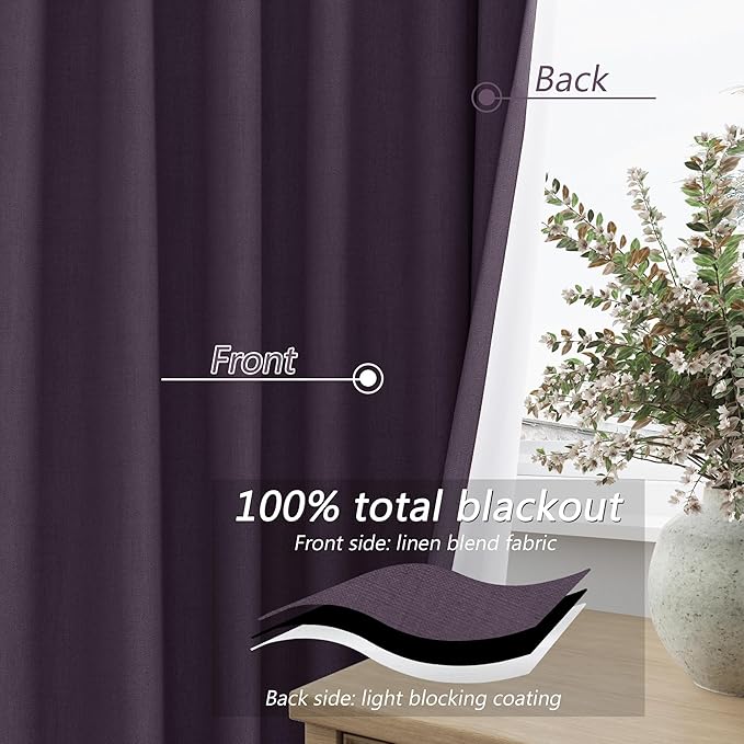 Guken 100% Blackout Curtains 63 Inch Length 2 Panels Set for Living Room Bedroom Back Tab Thermal Insulated Black Out Linen Drapes Room Darkening Window Curtains 63 Inches Long,Plum
