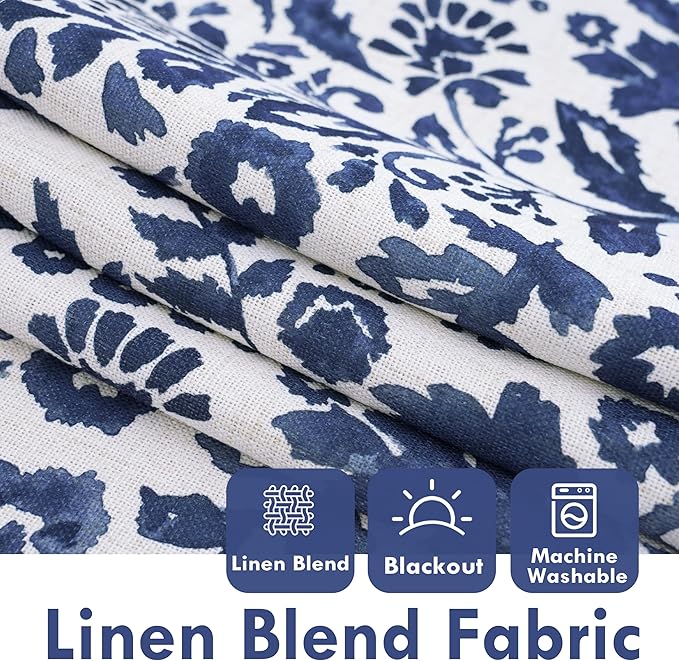 DriftAway Julia Watercolor Blackout Room Darkening Lined Thermal Insulated Energy Saving Window Curtains 2 Layers 2 Panels Each Size 52 Inch by 84 Inch Navy Blue Beige Linen