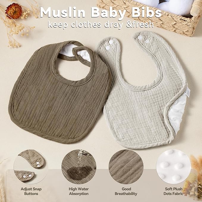 Wrrernsin Muslin Baby Bibs for Unisex Boys Girls, Cotton Drool Bibs, Adjustable Newborn Bibs for Drooling and Teething