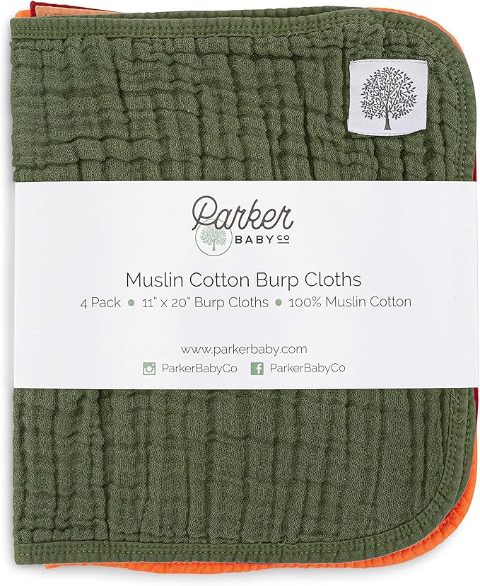 Parker Baby Co. Muslin Burp Cloths, 100% Cotton Burping Clothes, Newborn Essential, Must-Have Baby Registry, Modern and Trendy Colors, 20x11 Unisex Large Baby Burp Cloths, Pack of 4