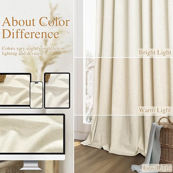 Guken 100% Blackout Curtains 90 Inch Length 2 Panels Set for Living Room Bedroom Back Tab Thermal Insulated Black Out Linen Drapes Room Darkening Window Curtains 90 Inches Long,Warm Beige