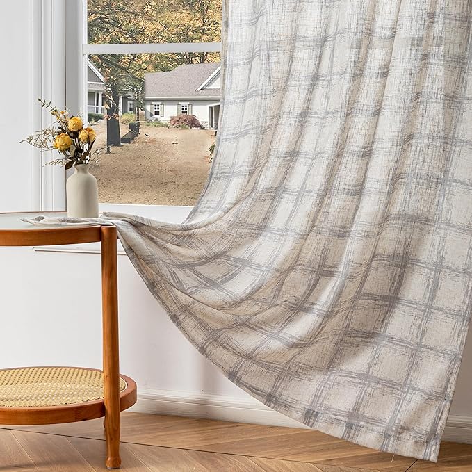 MYSKY HOME Linen Sheer Curtains 95 Inch Length for Bedroom, Living Room Curtains 2 Panel Sets, Soft Plaid Linen Polyester Blend Semi Sheers Light Filtering Back Tab Privacy Drapes, 50"x95", Grey