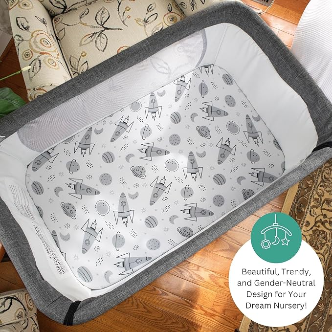 Bassinet Sheets for Papablic, CoZee, Cowiewie, Ezebaby, Nawahev Baby Bassinet Bedside Sleeper by TansyPanda, 3PC, 33x20, Ultra Soft, Breathable Snug Fit, Unisex Boys Girls, Gray White (Space Rockets)