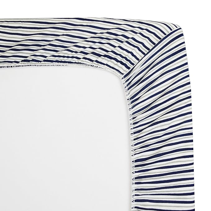 American Baby Company 2 Pack 100% Natural Cotton Fitted Crib Sheets 52" x 28" - Soft, Breathable, Hypoallergenic & Gentle Toddler Bed Sheets, Navy/Grey Sports Stripes, Neutral for Boys & Girls