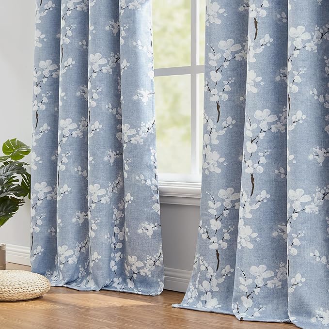FMFUNCTEX Blue Floral Valance Curtain for Kitchen Windows/Bathroom/Living Room/Bedroom, Blossom Blackout Window Valance Thermal Insulated Rod Pocket Valance Curtains, 50" W x 18" L, 1 Panel