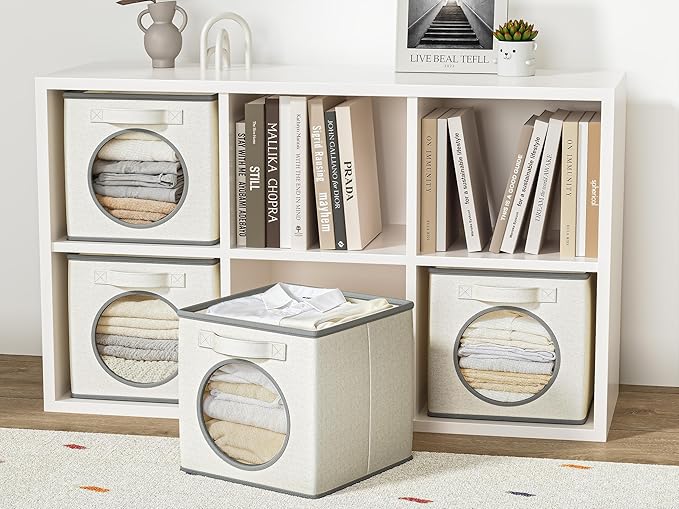 Vailando Foldable Fabric Storage Bins with Round Window - 4 Pack 11"x11"x11" Collapsible Cube Storage Prganizer for Clothes, Shelves, Offices, Toys & Misc, White & Ivory