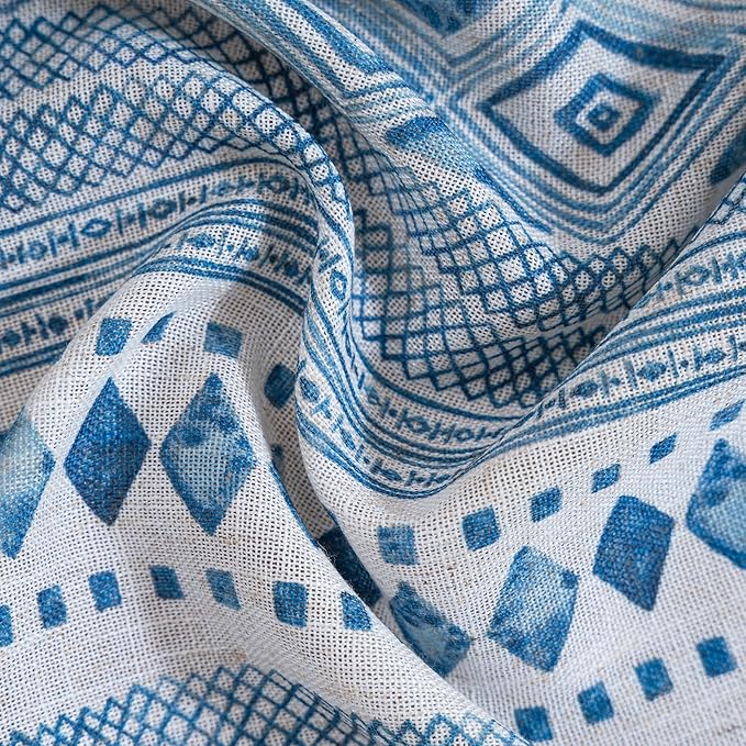 MYSKY HOME Boho Sheer Curtains Linen Look 95 inches Long for Dining Room Bohemian Geometric Striped Style Farmhouse Home Decor Light Filtering Privacy Back Tab Drapes, 50'' Wide, Blue, 2 Pcs