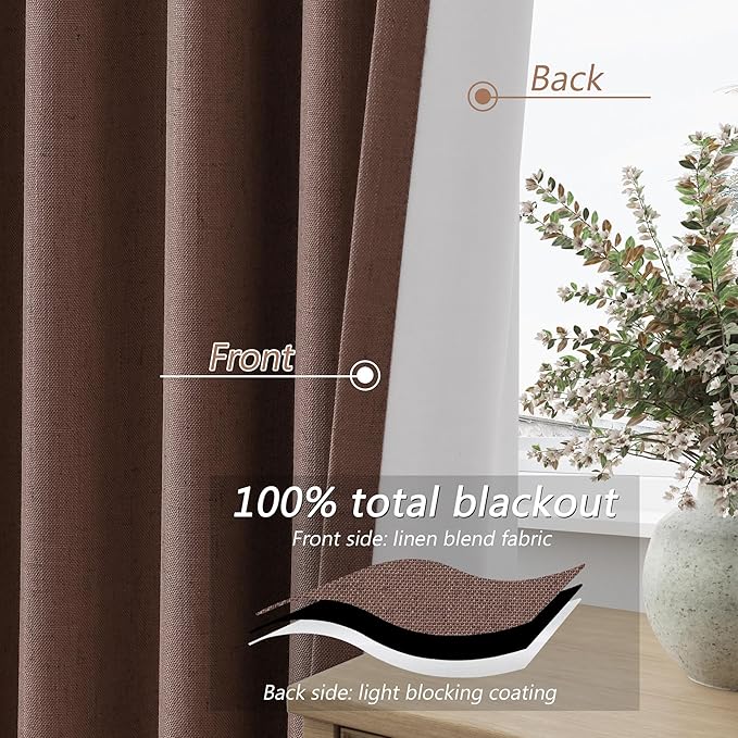 Guken 100% Blackout Curtains 108 Inch Length 2 Panels Set for Living Room Bedroom Back Tab Thermal Insulated Black Out Linen Drapes Room Darkening Cappuccino,52x108