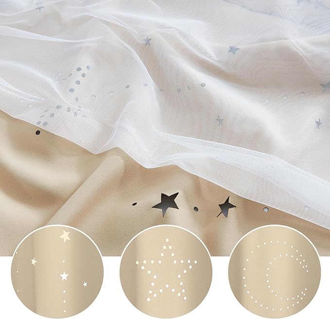 NICETOWN Kids Blackout Curtains for Baby Rooms Girl Princess Curtain for Daughter Bedroom Window Moon and Star Hollout Sliding Door Panel for Living Room (Biscotti Beige, W52 X L84, 1 Panel)