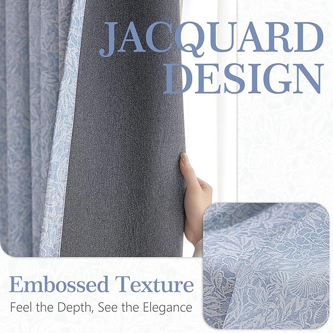 Metro Parlor Light Blue Floral Jacquard Blackout Curtains 84 Inches Long for Bedroom,Chenille Pattern Vintage Flower Curtains for Living Room Darkening Thermal Insulated Grommet Window Drapes,2 Panels