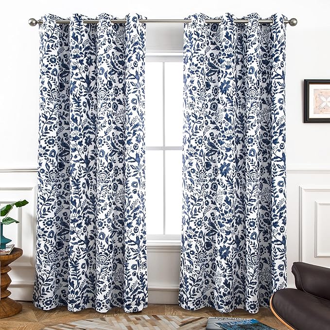 DriftAway Julia Watercolor Blackout Room Darkening Lined Thermal Insulated Energy Saving Window Curtains 2 Layers 2 Panels Each Size 52 Inch by 84 Inch Navy